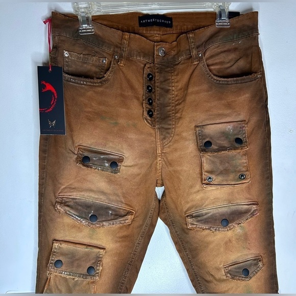 ARTMEETSCHAOS Super Skinny Mens Colored Denim Jeans Rust Distressed Sz 31/33
